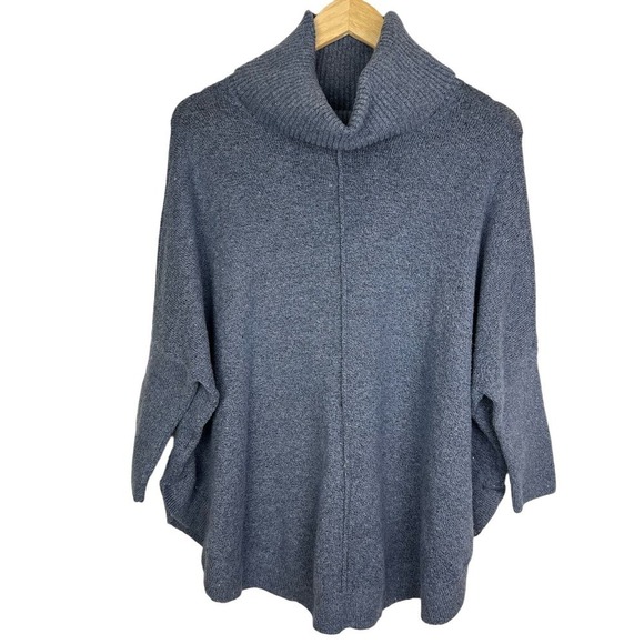 LOFT Blue/Gray Flecked Shirttail Plush Poncho Turtleneck Pullover Sweater M - Picture 2 of 5